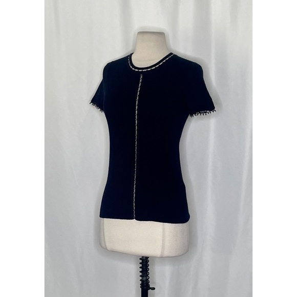 ELIE TAHARI Black Merino Wool Beaded Studded Short Sleeve Sweater Knitwear Small - Picture 5 of 11